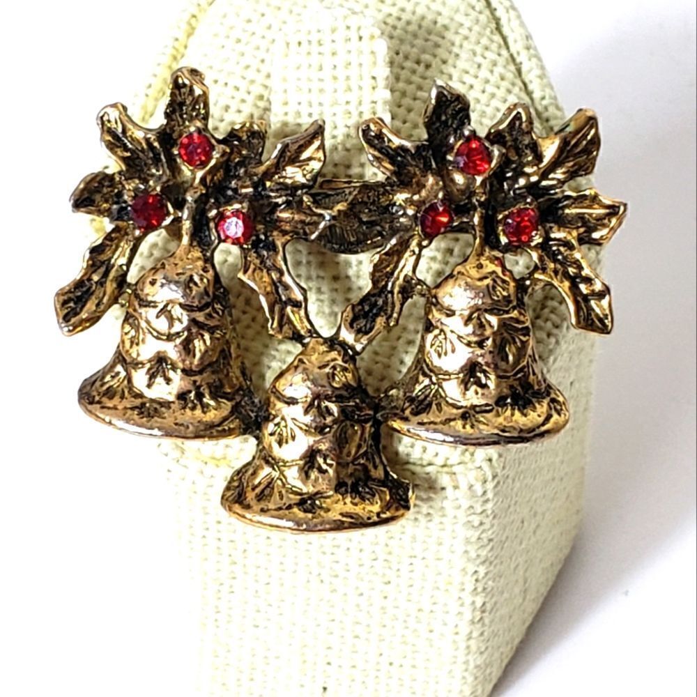 Vintage Christmas Holiday Bells Embellished Pin Brooch